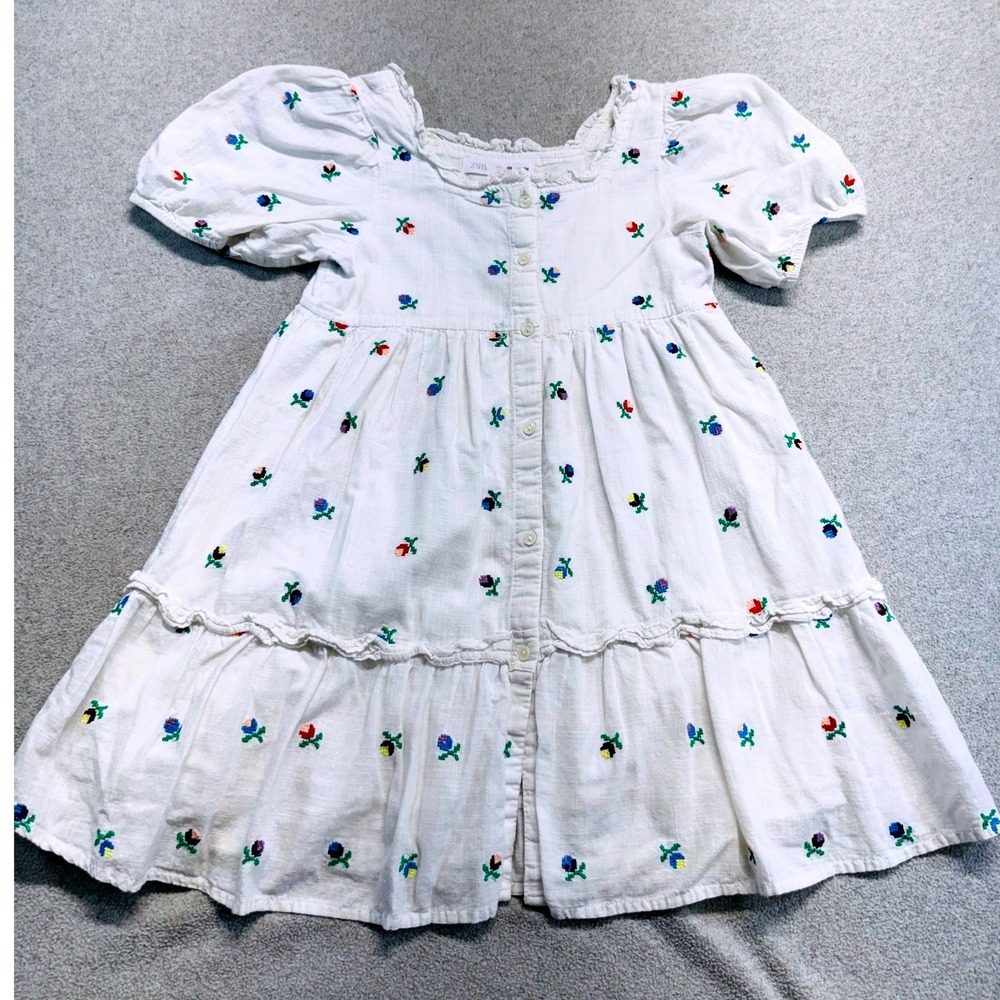 Zara Floral Embroidered Dress Kids Size 9 White Puff Sleeve Tiered Boho Flowy